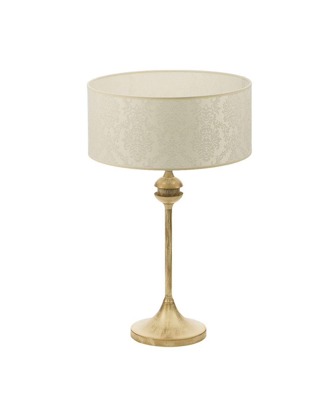 Lampa stołowa Kaszmir z okrągłym abażurem w kolorze ecru z delikatnym wzorem oraz złotą podstawą. Produkt stoi w pionie, z eleganckim kształtem, idealny do aranżacji wnętrz. Wysokość podstawy podkreśla subtelność designu.
