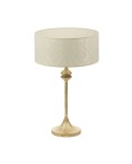 Lampa stołowa Kaszmir z okrągłym abażurem w kolorze ecru z delikatnym wzorem oraz złotą podstawą. Produkt stoi w pionie, z eleganckim kształtem, idealny do aranżacji wnętrz. Wysokość podstawy podkreśla subtelność designu.