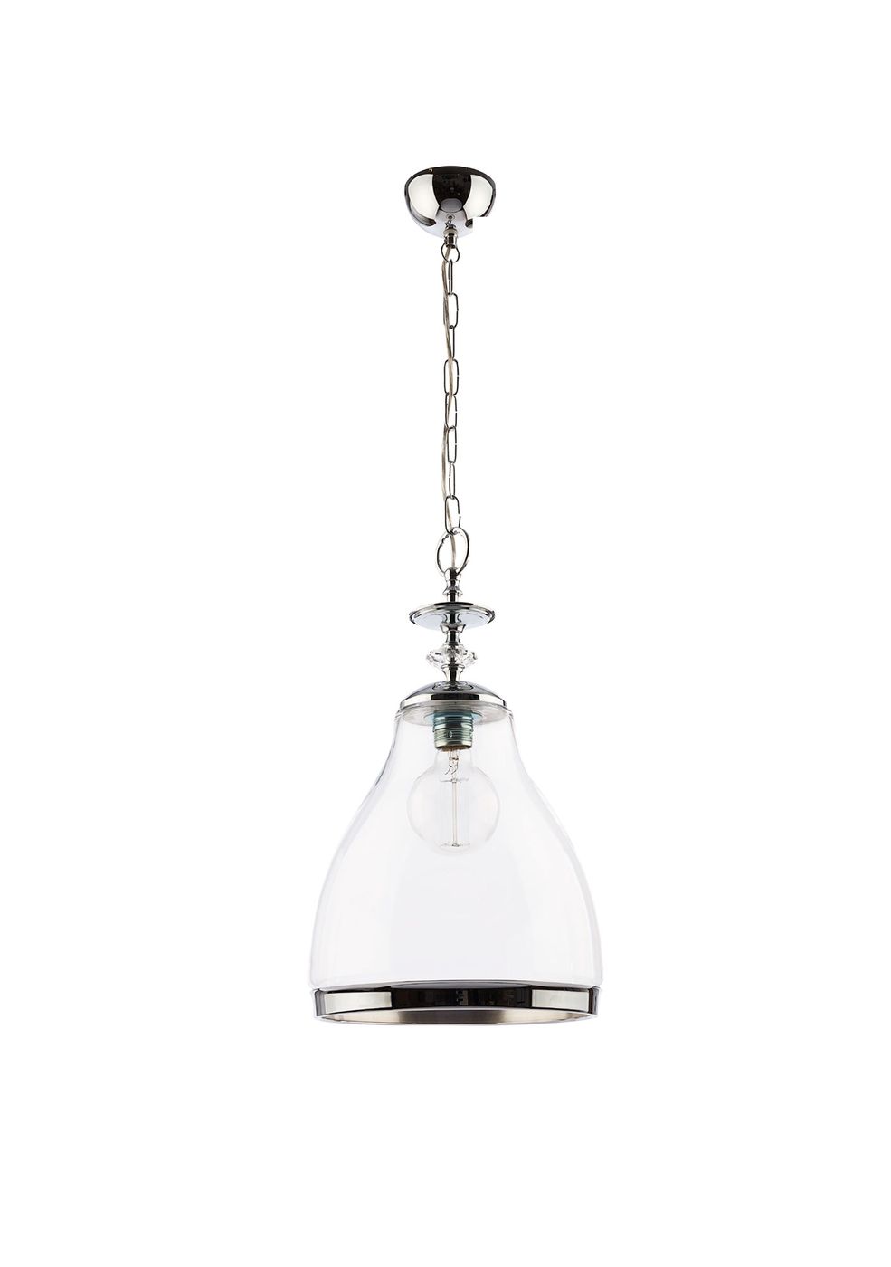 Lampa wisząca Isla z kloszem w kształcie dzwonu, wykonana z przezroczystego szkła. Elementy chromowane, zawieszenie na łańcuchu. Widoczne gniazdo E27 z żarówką. Ujęcie frontalne.