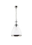 Lampa wisząca Isla z kloszem w kształcie dzwonu, wykonana z przezroczystego szkła. Elementy chromowane, zawieszenie na łańcuchu. Widoczne gniazdo E27 z żarówką. Ujęcie frontalne.