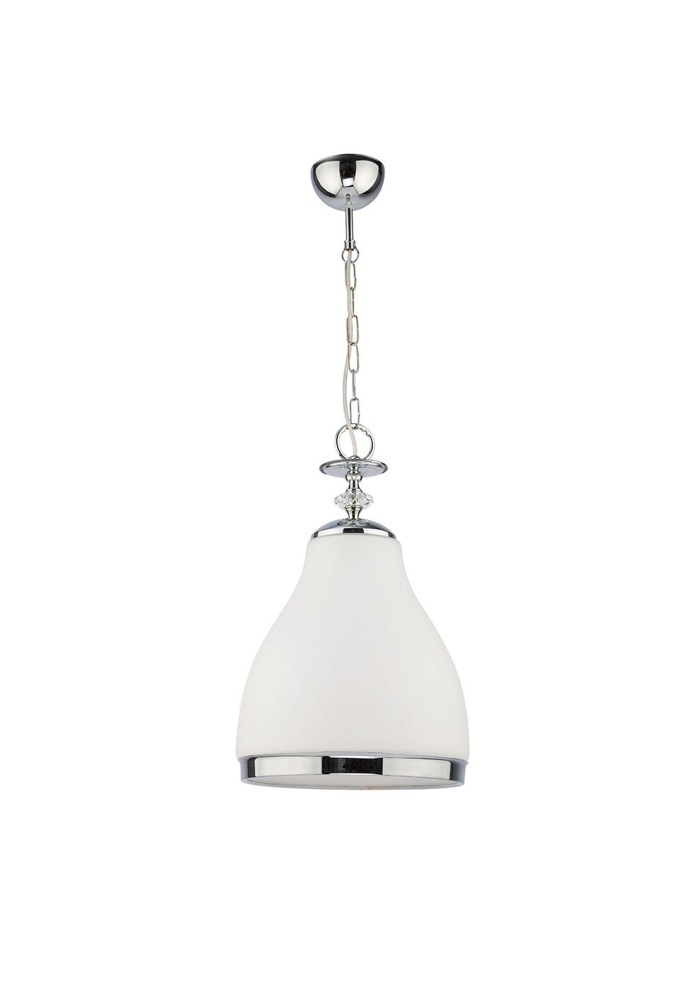 Lampa wisząca Isla z białym kloszem o kształcie stożkowym, chromowanym wykończeniu oraz metalowym mocowaniem. Zawieszona na łańcuchu, prezentuje się w frontalnym ujęciu na jednolitym tle. Przeznaczona na jedną żarówkę E27.