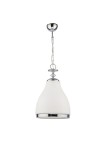 Lampa wisząca Isla z białym kloszem o kształcie stożkowym, chromowanym wykończeniu oraz metalowym mocowaniem. Zawieszona na łańcuchu, prezentuje się w frontalnym ujęciu na jednolitym tle. Przeznaczona na jedną żarówkę E27.
