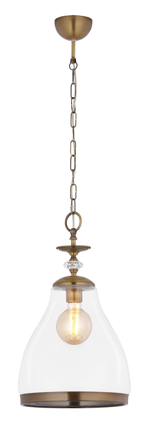 Lampa wisząca Isla z jednym gniazdem E27 w patynowanej obudowie. Szklany klosz w kształcie dzwonu, transparentny, z metalową obręczą. Zawieszona na łańcuchu, z dekoracyjnym detalem u góry. Wysoka estetyka, idealna do różnych wnętrz.