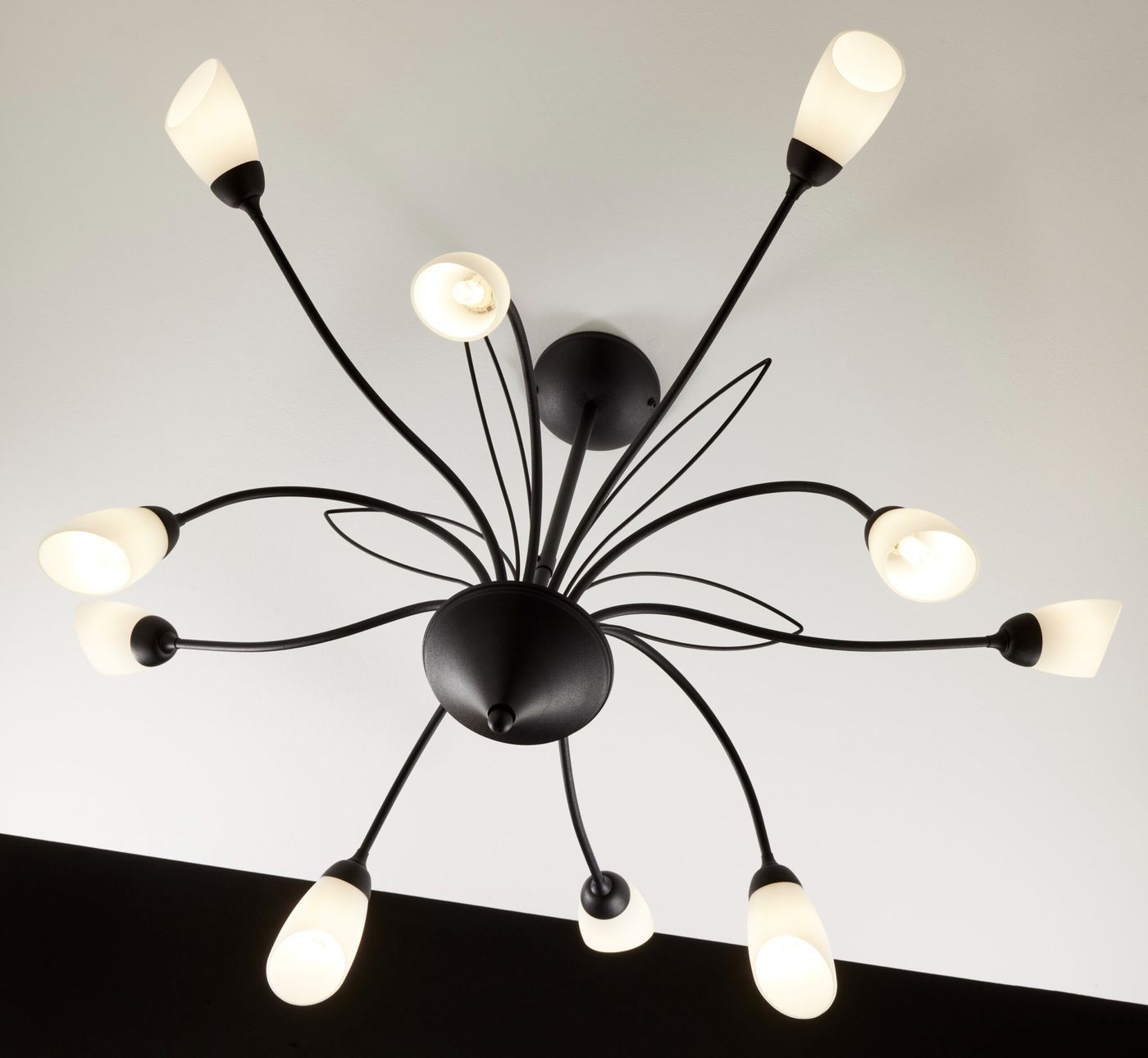 Żyrandol Gloriosa z dziesięcioma ramionami, czarną metalową podstawą i białymi kloszami. Ujęcie z dołu, pokazujące eleganckie, lekko zakrzywione ramiona oraz źródła światła w formie delikatnych, mlecznych szklanych kloszy.