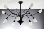 Żyrandol Gloriosa w kolorze czarnym i białym, z dziesięcioma kloszami G9. Posiada smukłe, zakrzywione ramiona, które układają się w elegancki wzór. Klosze z mlecznego szkła, umieszczone na końcach ramion, rozpraszają światło w delikatny sposób.