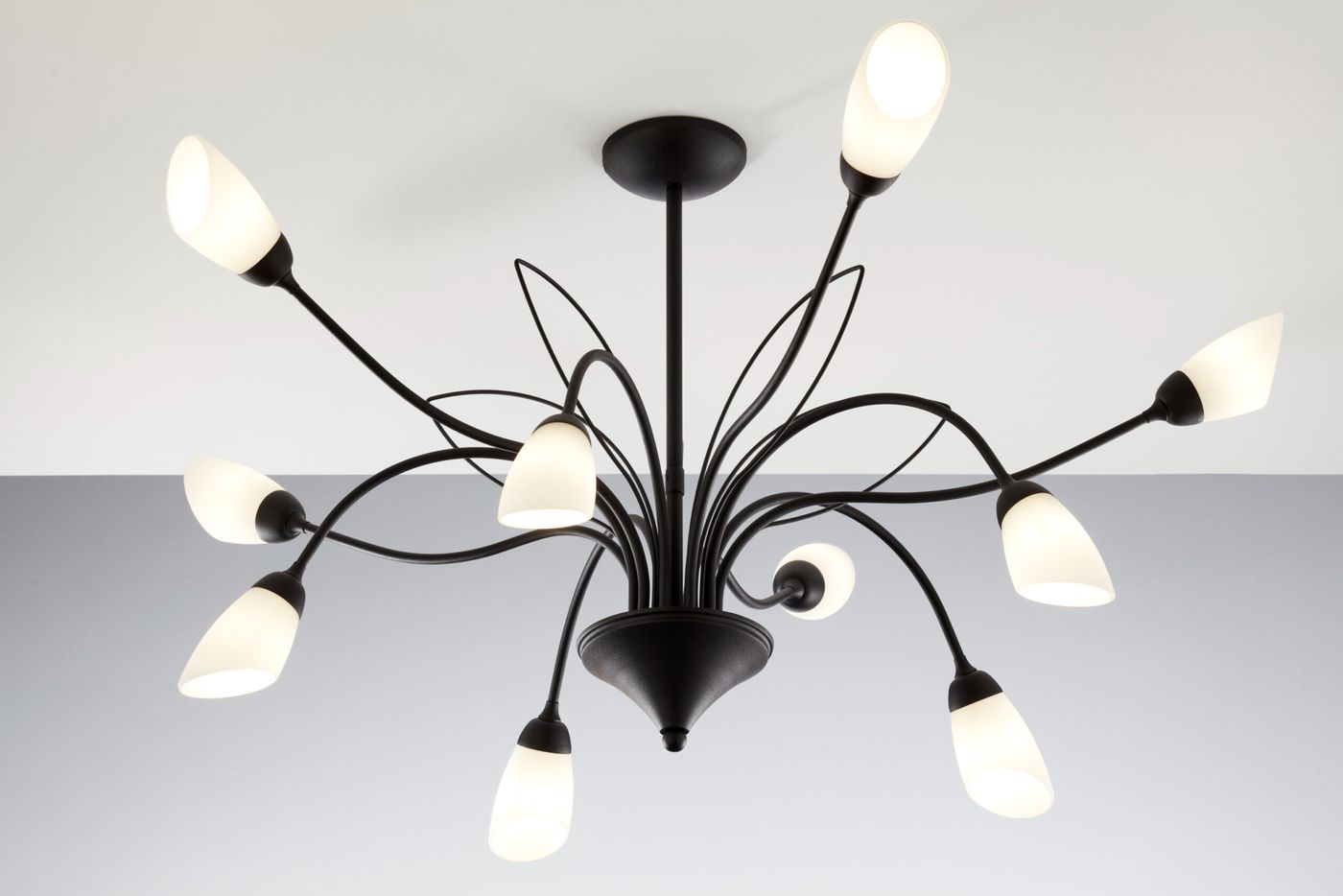 Żyrandol Gloriosa w kolorze czarnym z białymi kloszami, z 10 ramionami zakończonymi okrągłymi, matowymi kloszami. Produkt zawieszony na suficie, widoczny z góry, w nowoczesnym stylu. Metalowa konstrukcja z eleganckim wykończeniem.
