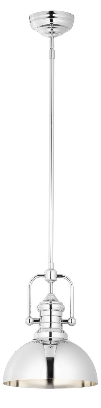 Lampa wisząca Platino w kolorze niklowym, z jednym gniazdem E27. Posiada okrągły klosz z połyskującym wykończeniem i dekoracyjnymi detalami. Ujęcie frontalne, lampa zawieszona na regulowanym przewodzie. Idealna do nowoczesnych wnętrz.