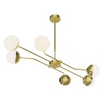 Lampa wisząca Trento w kolorze złotym z sześcioma oprawkami G9. Posiada okrągłe klosze z białego szkła, zamontowana na długich, złotych ramionach. Ujęcie z dołu, prezentujące nowoczesny design i elegancki wygląd.