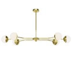 Lampa wisząca Trento z sześcioma oprawami na żarówki G9, w kolorze złotym. Posiada okrągłe klosze z mlecznego szkła, zawieszona na cienkim metalowym stelażu. Ujęcie frontalne, produkt prezentuje elegancki design, idealny do nowoczesnych wnętrz.