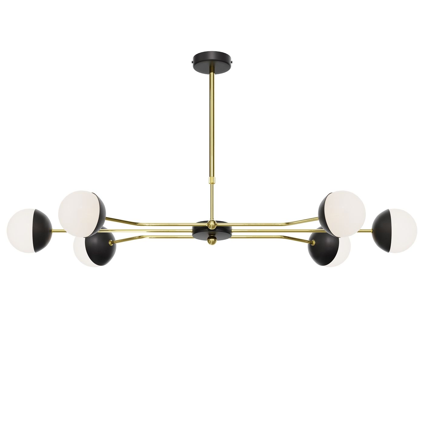 Lampa wisząca Trento w kolorze złotym i czarnym, z sześcioma kulistymi kloszami w białym i czarnym kolorze. Ułożona poziomo, z centralnym mocowaniem sufitowym, na długim ramieniu. Wykonana z metalu, styl nowoczesny.