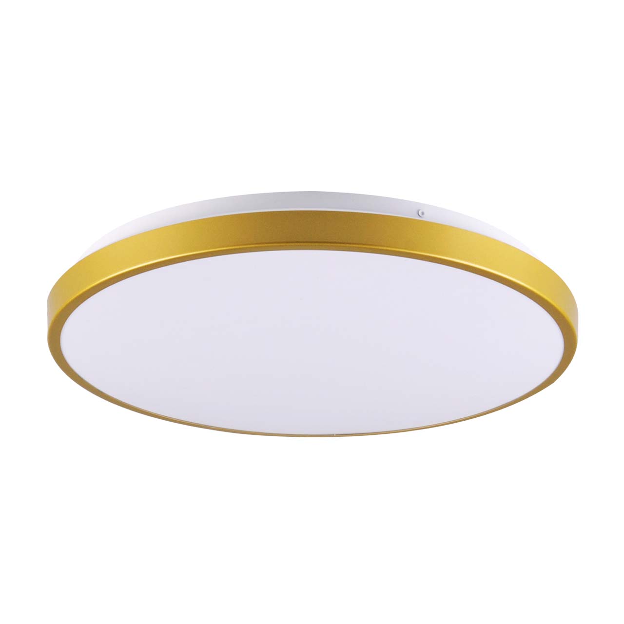 Plafon LED Kern D29 o średnicy okrągłej, z białym kloszem i złotą obręczą. Ujęcie z boku, ukazujące krawędź i gładką powierzchnię. Przeznaczony do montażu sufitowego, o mocy 15W i temperaturze barwowej 4000K.