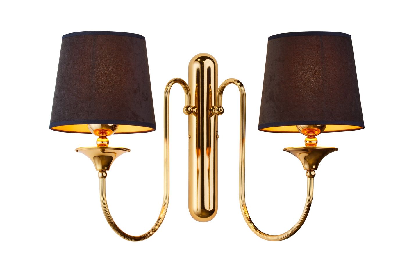 Kinkiet Batumi z dwoma źródłami światła E27, w kolorze złotym i czarnym. Ma eleganckie, czarne abażury z materiału oraz błyszczące, złote elementy. Ułożony w pozycji stojącej, z widoczną centralną konstrukcją.