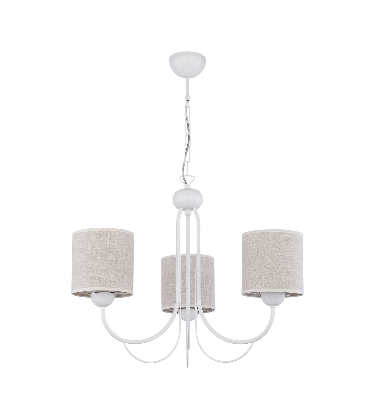 Biały żyrandol Kaskada z trzema abażurami w kolorze jasnego beżu, zawieszony na metalowej linki. Abażury mają okrągły kształt, a konstrukcja jest minimalistyczna, idealna do nowoczesnych wnętrz.