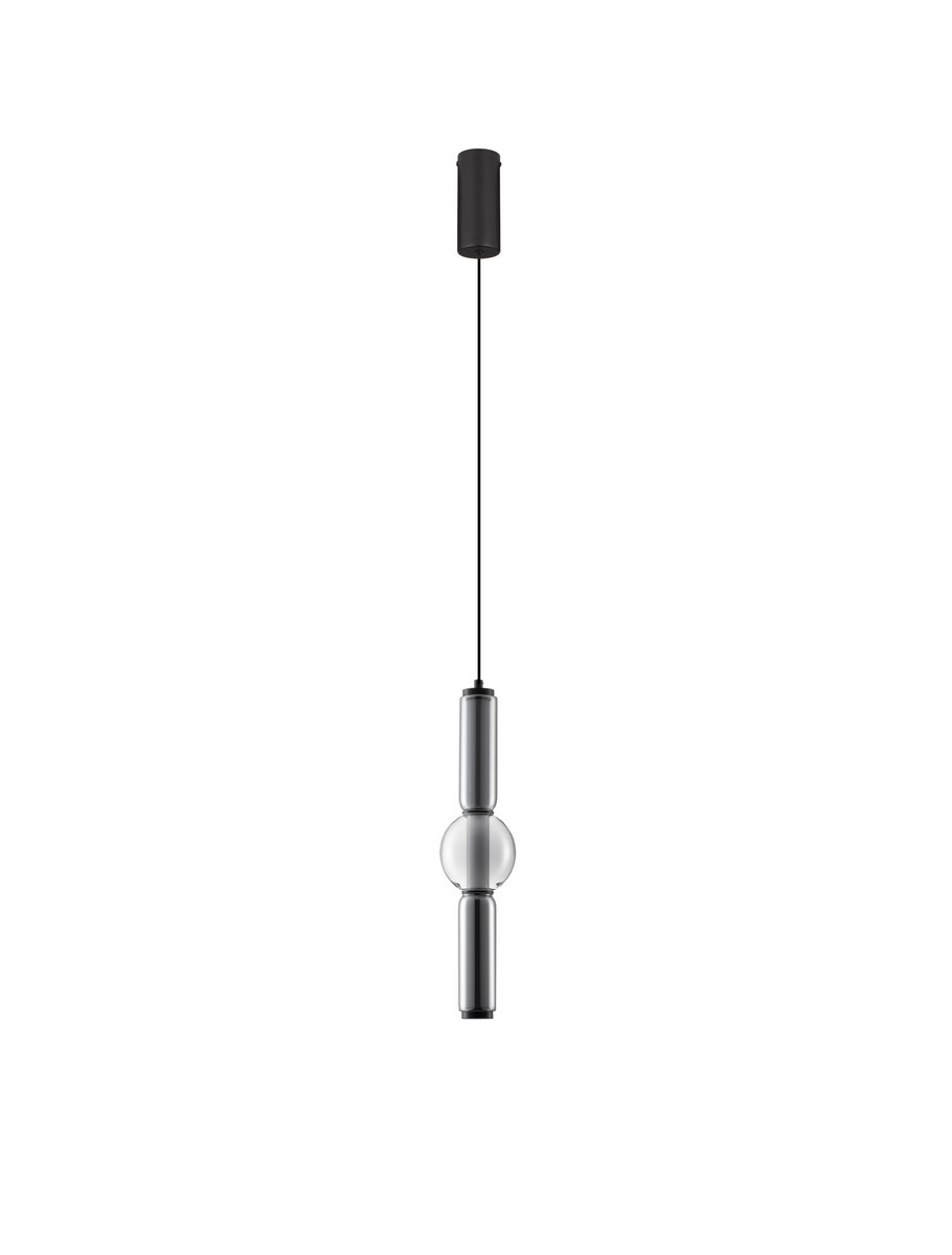 Czarna lampa wisząca Glorica z jednym źródłem światła LED 15W. Posiada cylindryczny klosz z przezroczystym elementem w centralnej części. Produkt zawieszony na cienkim przewodzie, z okrągłym mocowaniem sufitowym.