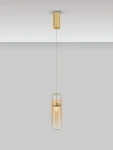 Złota lampa wisząca Rebalvo 1xLED 7W, z przezroczystym kloszem w kształcie walca, zawieszona na cienkim przewodzie. Ujęcie frontalne, ukazujące elegancki design oraz źródło światła wewnątrz klosza. Tło jednolite, szare.