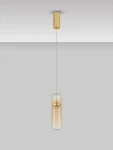 Lampa wisząca Rebalvo 1xLED 7W w złotym kolorze, z przezroczystym kloszem w kształcie cylindrycznym. Zawieszona na cienkim przewodzie, z okrągłym mocowaniem sufitowym. Tło w odcieniu szarym, podkreślające elegancki design.