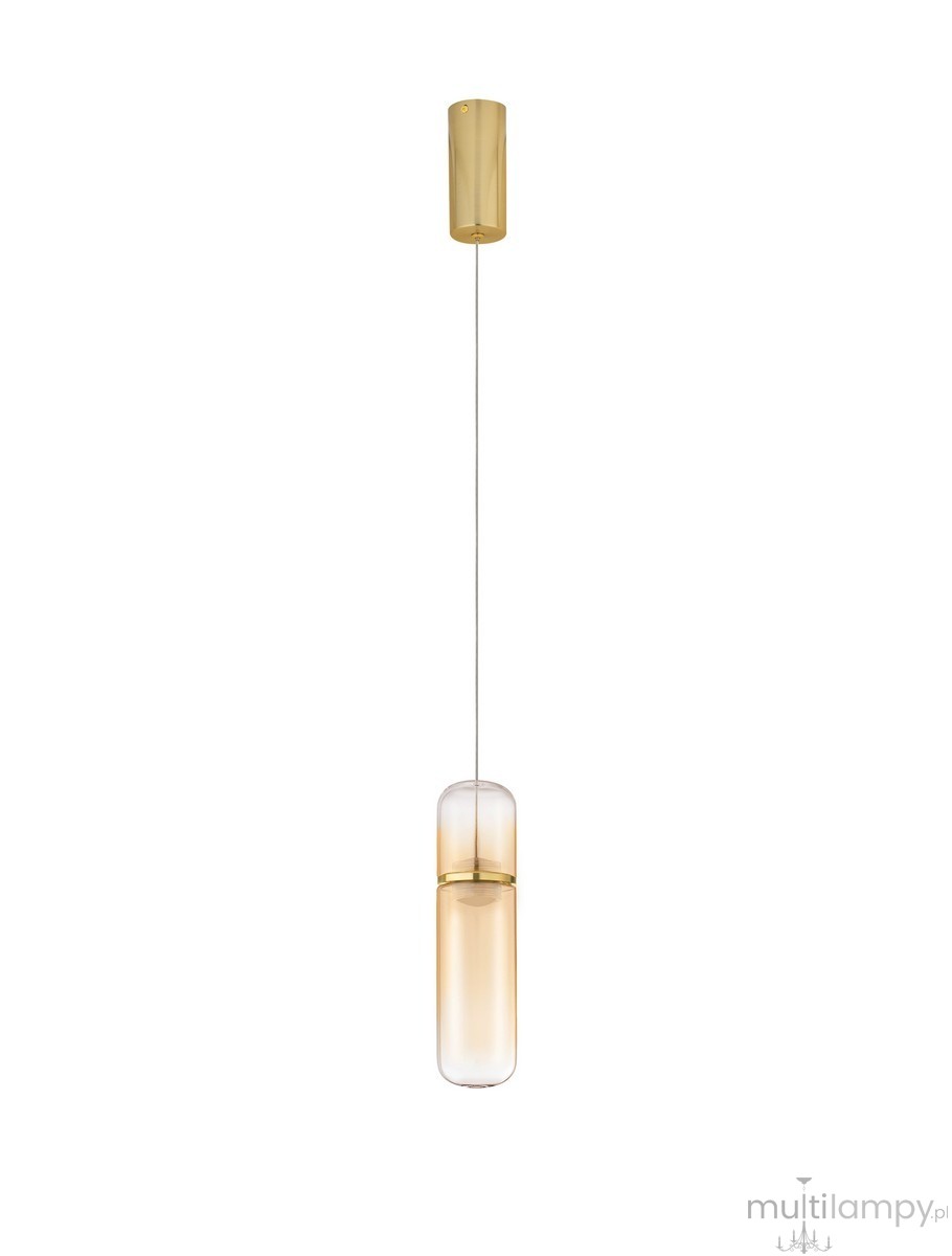 Lampa wisząca Rebalvo w kolorze złotym, z jedną żarówką LED 7W. Szklany klosz o cylindrycznym kształcie, zawieszony na cienkim przewodzie. Prosty, nowoczesny design, idealna do aranżacji wnętrz.
