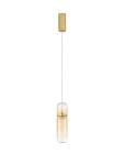 Lampa wisząca Rebalvo w kolorze złotym, z jedną żarówką LED 7W. Szklany klosz o cylindrycznym kształcie, zawieszony na cienkim przewodzie. Prosty, nowoczesny design, idealna do aranżacji wnętrz.
