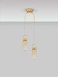 Lampa wisząca Rebalvo z dwoma kloszami LED 14W w złotym kolorze. Klosze mają owalny kształt i są zawieszone na cienkich linkach, w minimalistycznym stylu. Montowana do sufitu, z eleganckim złotym wykończeniem. Tło jasnoszare.