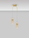 Lampa wisząca Rebalvo z dwoma kloszami LED 14W w kolorze złotym. Klosze mają cylindryczny kształt z przezroczystego szkła, zawieszone na cienkich linkach. Montaż sufitowy z dekoracyjnym złotym uchwytem. Tło jednolite, jasne.
