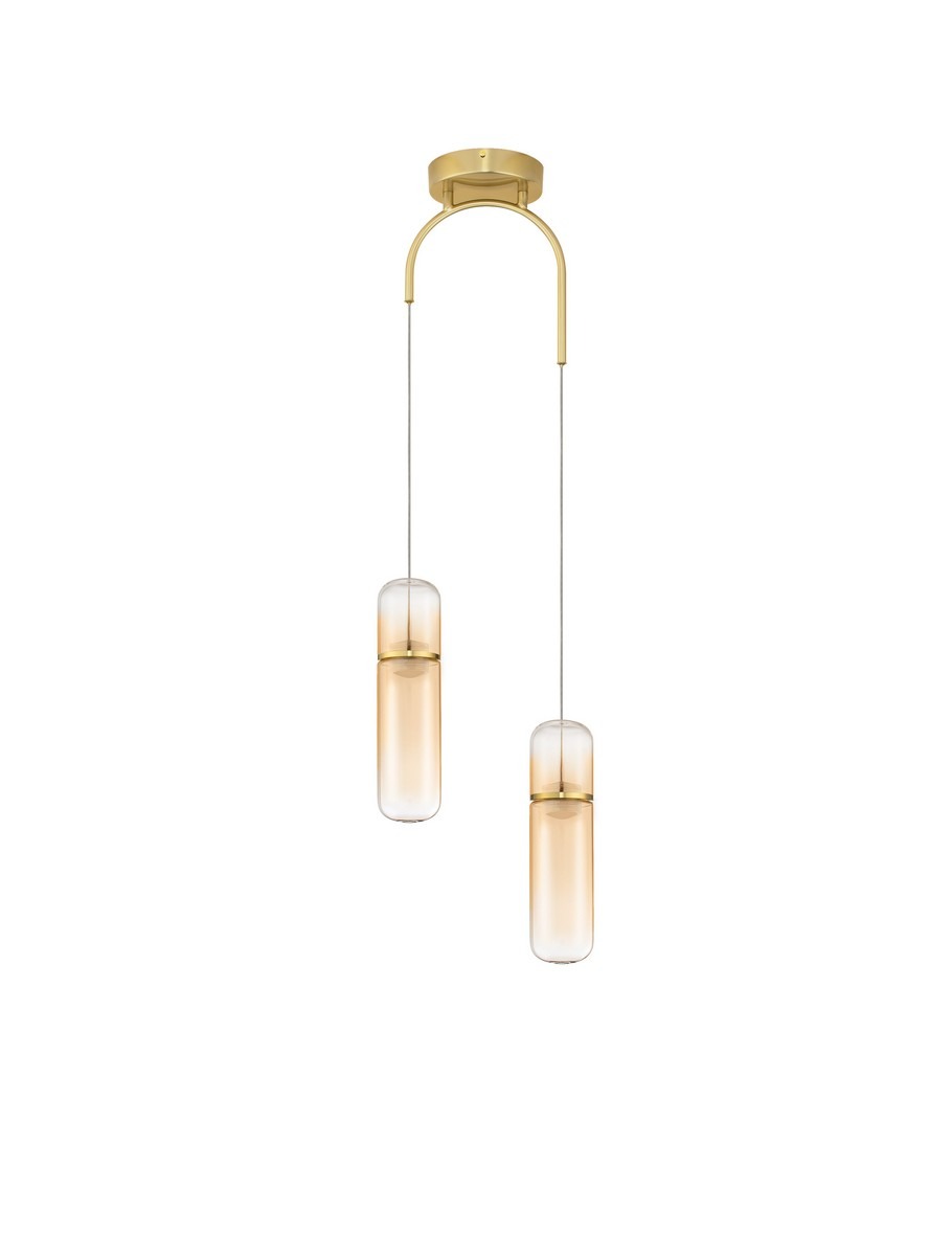 Lampa wisząca Rebalvo z dwoma kloszami, wykonana w złotym kolorze. Klosze mają cylindryczny kształt, z przezroczystego szkła, lekko przyciemnione. Produkt zawiera dwie diody LED o mocy 14W, montowany na suficie, zawieszony na cienkich linkach.