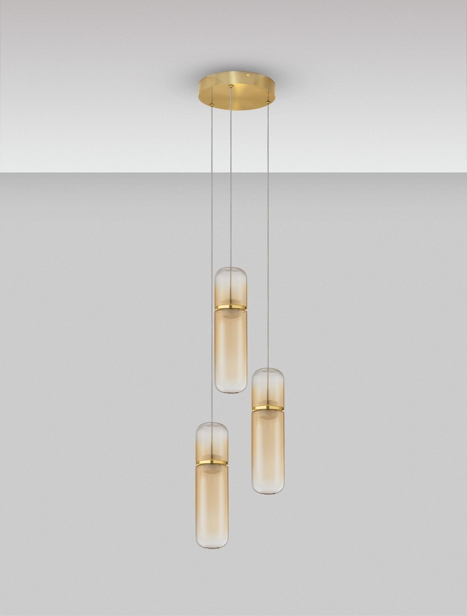 Lampa wisząca Rebalvo 3xLED 21W w kolorze złotym z trzema szklanymi kloszami o zaokrąglonym kształcie. Klosze zawieszone na cienkich linkach, montowane do sufitowej podstawy w złotym wykończeniu.