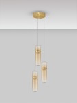 Lampa wisząca Rebalvo 3xLED 21W w kolorze złotym z trzema szklanymi kloszami o zaokrąglonym kształcie. Klosze zawieszone na cienkich linkach, montowane do sufitowej podstawy w złotym wykończeniu.