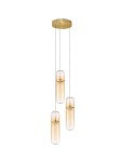 Lampa wisząca Rebalvo z trzema źródłami LED 21W, w złotej kolorystyce. Szklane klosze o cylindrycznym kształcie, zawieszone na cienkich linkach. Prosty, elegancki design, idealna do nowoczesnych wnętrz.