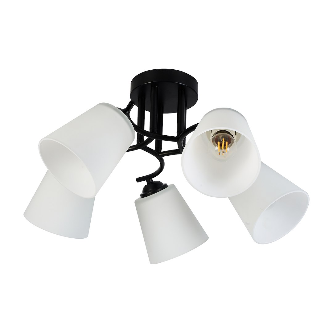 Czarna lampa sufitowa Pafos z pięcioma kloszami w białym kolorze, wykonana z metalu. Klosze mają stożkowy kształt, mocowane na czarnym stelażu. Widok z góry, ukazujący detale mocowania oraz żarówki E27.