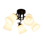 Czarna lampa sufitowa Pafos z pięcioma kloszami E27 w kolorze białym, z metalową podstawą. Klosze ustawione w różnych kierunkach, montowana na suficie, z widocznymi źródłami światła. Prosta, nowoczesna forma bez dekoracji.