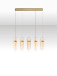 Lampa wisząca Rebalvo z pięcioma kloszami LED 35W, zawieszona na złotej podstawie. Klosze w przezroczystym, cylindrycznym kształcie, emitujące ciepłe światło. Produkt wisi na cienkich linkach, na jednolitym tle.