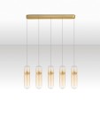 Lampa wisząca Rebalvo 5xLED 35W w kolorze złotym, z pięcioma szklanymi kloszami o delikatnym kształcie, zawieszona na prostokątnej, złotej podstawie. Klosze mają przezroczyste górne części i matowe dolne, co tworzy elegancki efekt świetlny.