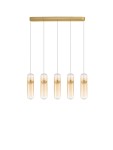 Lampa wisząca Rebalvo z pięcioma źródłami LED, moc 35W, w złotej oprawie. Szklane klosze w kształcie cylindrów zawieszone na cienkich linkach. Ujęcie frontalne, montowana pod sufitem, na jasnym tle.