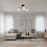 Czarna lampa sufitowa Pafos z trzema kloszami E27, zamontowana na suficie. Klosze w kształcie stożków, białe, matowe, emitujące światło w różnych kierunkach. Lampa znajduje się w nowoczesnym wnętrzu z jasną kanapą i drewnianym stolikiem.