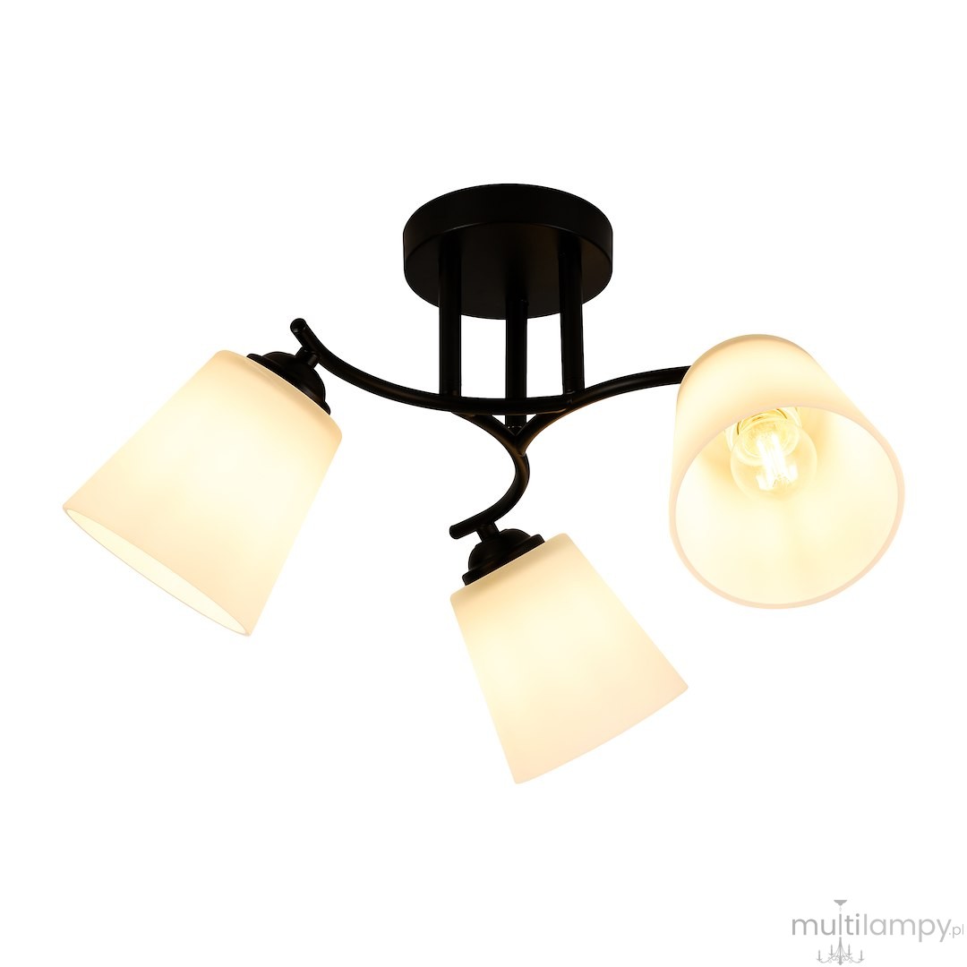 Czarna lampa sufitowa Pafos z trzema kloszami w kształcie stożka, wykonana z metalowych elementów. Klosze w kolorze białym, emitujące ciepłe światło. Ujęcie z góry, pokazujące zamontowaną lampę z widocznym miejscem na żarówki E27.