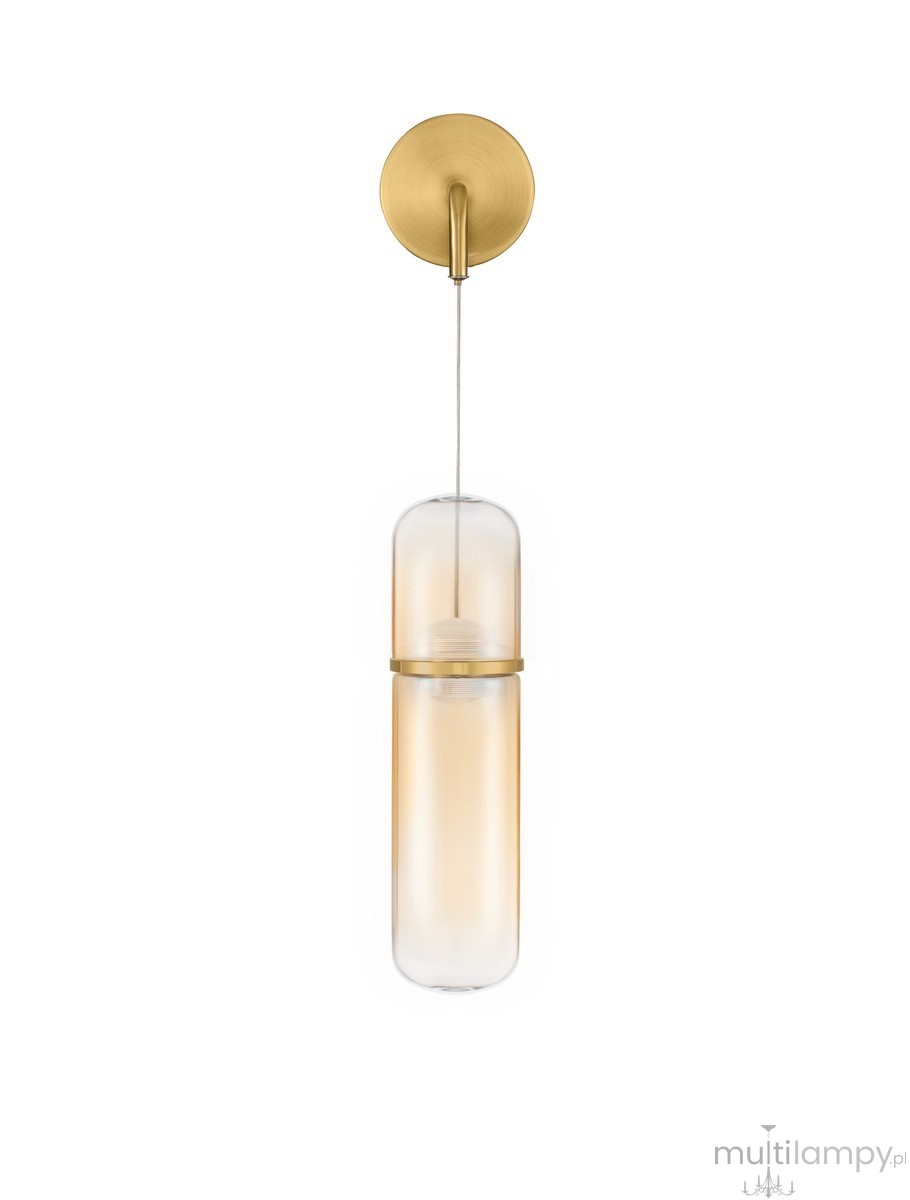 Kinkiet Rebalvo 1xLED 7W w złotym kolorze z okrągłą podstawą. Transparentny klosz w kształcie cylindrycznym zawieszony na cienkim przewodzie. Prosty design, nowoczesne wykończenie, idealny do wnętrz.