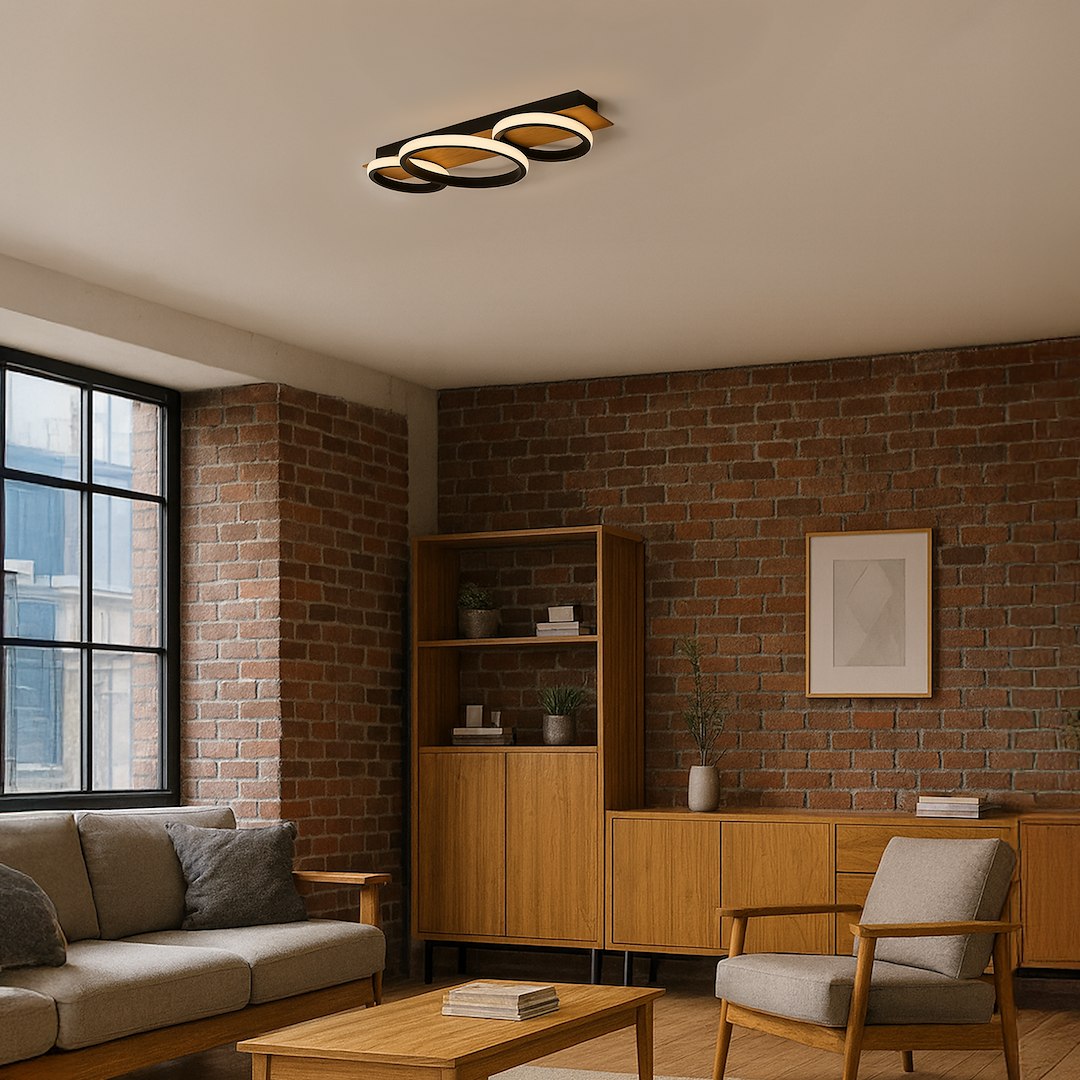Czarna lampa sufitowa LED Rowena 18W 4000K z dwiema okrągłymi oprawami, zamontowana na suficie w nowoczesnym wnętrzu z ceglaną ścianą. Lampa emituje neutralne światło, idealna do różnych aranżacji.