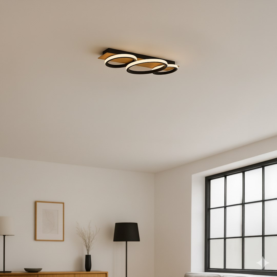 Rowena lampa sufitowa LED 18W 4000K w kolorze czarnym, z trzema okrągłymi kloszami, zamontowana na suficie. Lampa ma nowoczesny design i emituje neutralne, białe światło, umieszczona w jasnym wnętrzu z oknem i meblami.