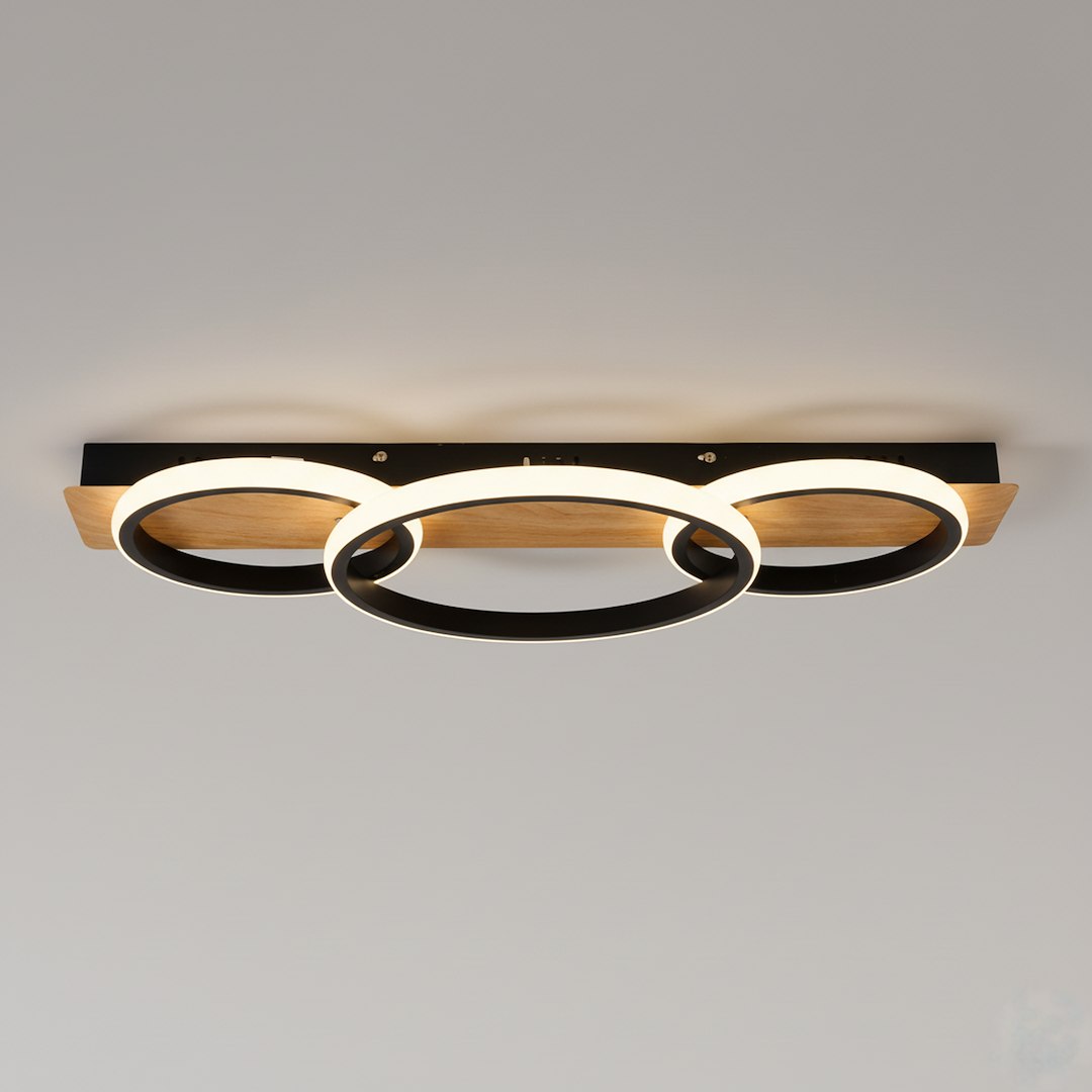 Lampa sufitowa LED Rowena 18W 4000K w kolorze czarnym, z trzema okrągłymi oprawami w białym świetle. Metalowa konstrukcja z drewnianym detalem na tle jasnego sufitu, zamontowana w pozycji poziomej.