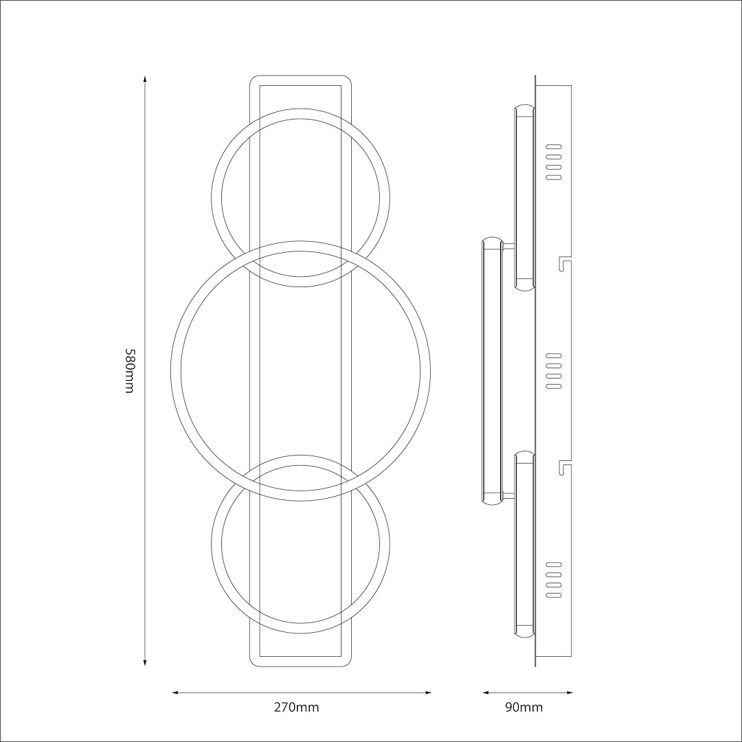 Rowena lampa sufitowa LED 18W 4000K w kolorze czarnym, o wymiarach 580 mm x 270 mm x 90 mm, z unikalnym designem składającym się z okrągłych elementów ułożonych w nowoczesny sposób.