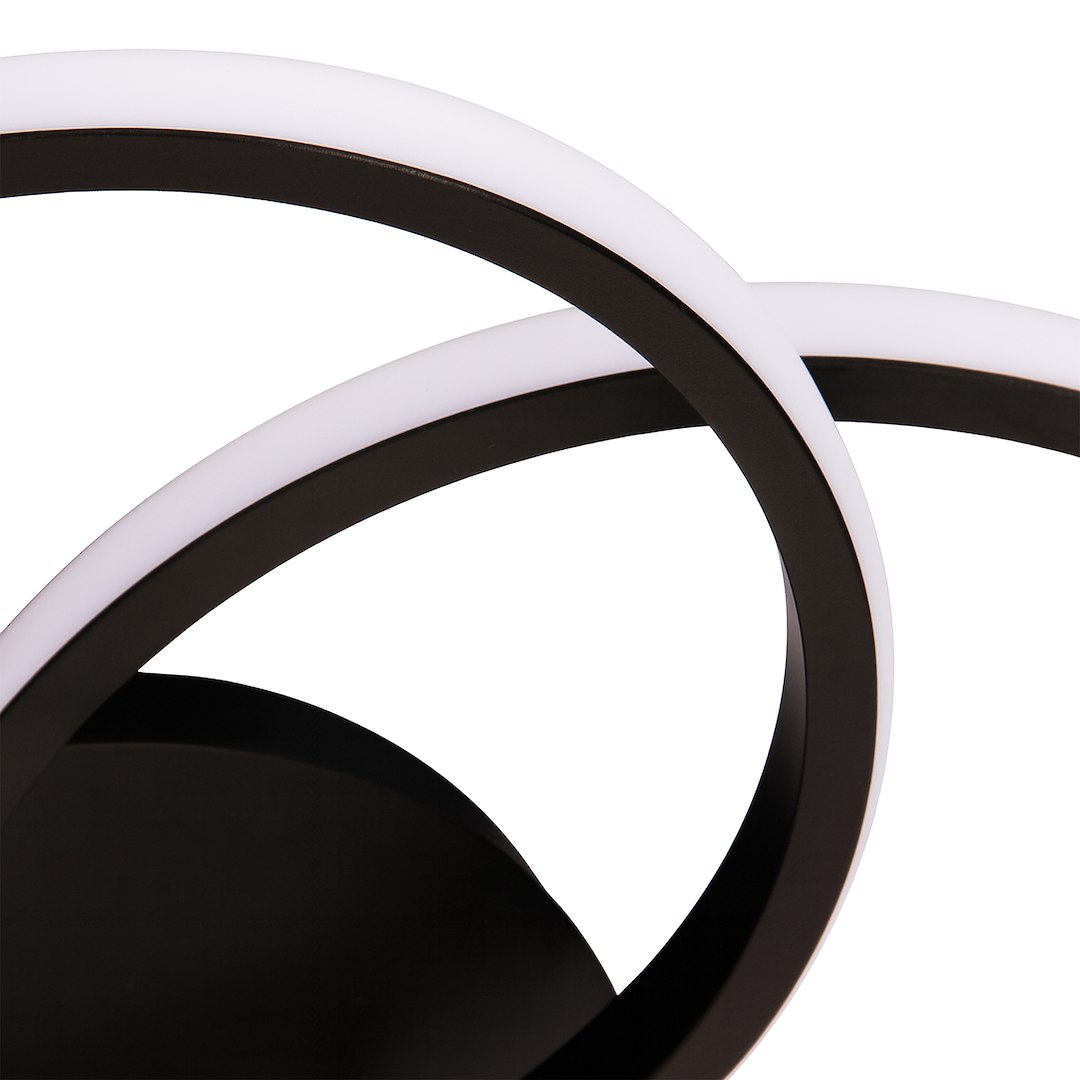 Czarna lampa sufitowa LED Titano 12W 4000K z dwoma okrągłymi, białymi elementami świetlnymi. Ujęcie z boku, ukazujące detale konstrukcji i kształt lampy. Minimalistyczny design, idealna do nowoczesnych wnętrz.