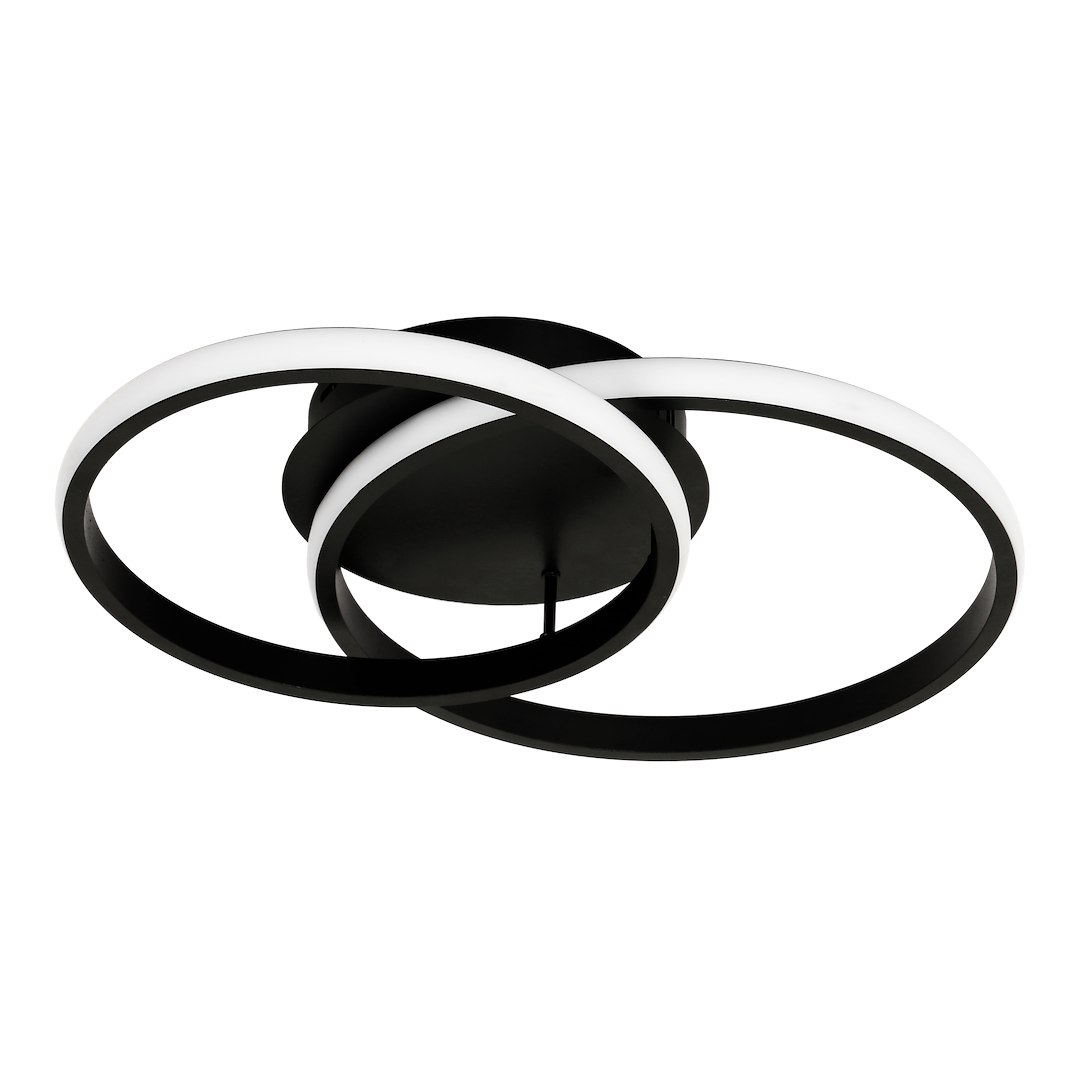 Lampa sufitowa LED Titano 12W 4000K w kolorze czarnym, składająca się z dwóch okrągłych pierścieni o białym podświetleniu. Ujęcie z boku, zamontowana na suficie, z eleganckim, minimalistycznym designem.
