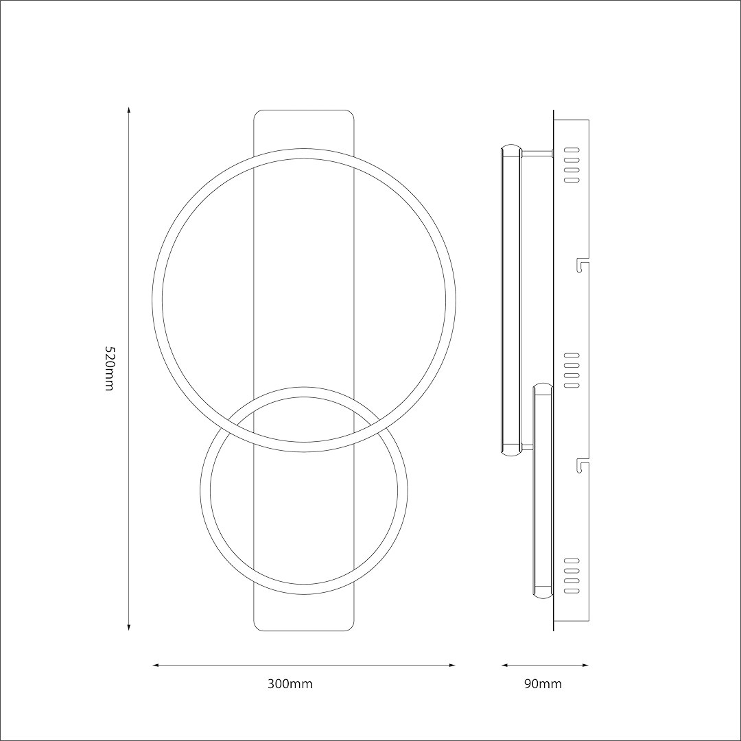 Lampa sufitowa LED Rowena o mocy 14W i temperaturze barwowej 4000K w kolorze czarnym. Kształt: dwa okręgi w różnych rozmiarach; wymiary: 520mm wysokości, 300mm szerokości, 90mm głębokości. Ujęcie z góry, ukazujące szczegóły konstrukcji.