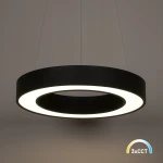 Lampa wisząca LED Union 40W CCT w kolorze czarnym, o okrągłym kształcie, z białym pierścieniem świetlnym. Zawieszona na cienkich linkach, prezentuje nowoczesny styl. Oświetlenie dostępne w trzech temperaturach barwowych. Tło w stonowanej kolorystyce.