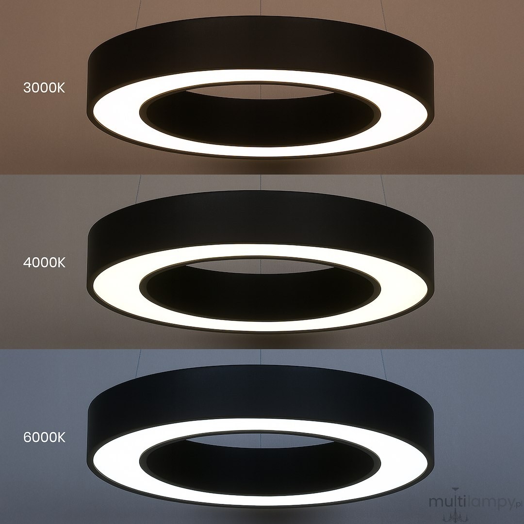Lampa wisząca LED Union 40W CCT w kolorze czarnym, o okrągłym kształcie. Prezentuje trzy warianty barwy światła: 3000K, 4000K i 6000K. Zawieszona w poziomie, z wyraźnym podświetleniem wokół centralnego otworu.