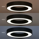 Lampa wisząca LED Union 40W CCT w kolorze czarnym, o okrągłym kształcie. Prezentuje trzy warianty barwy światła: 3000K, 4000K i 6000K. Zawieszona w poziomie, z wyraźnym podświetleniem wokół centralnego otworu.