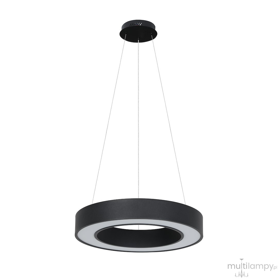 Lampa wisząca LED Union 40W CCT w kolorze czarnym, w kształcie okręgu z wbudowanym źródłem światła. Zawieszona na cienkich linkach, z gładką matową powierzchnią i białym pierścieniem świetlnym wewnątrz.