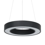 Czarna lampa wisząca LED o mocy 40W z okrągłym kształtem. Posiada biały pierścień świetlny wewnątrz i matowe wykończenie. Zawieszona na cienkich linkach, prezentuje nowoczesny design, idealna do współczesnych wnętrz.