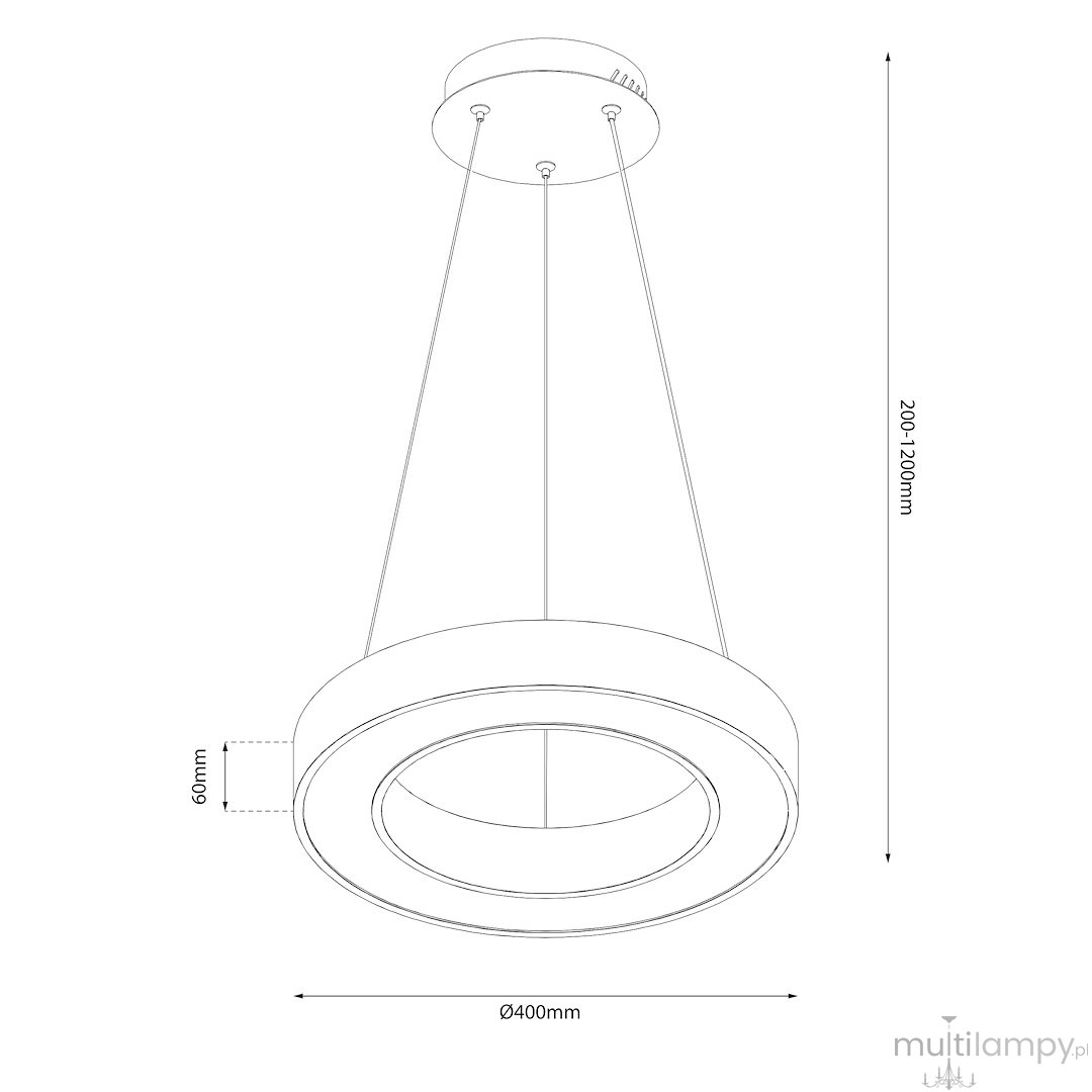 Lampa wisząca LED Union 40W CCT w kolorze czarnym o średnicy 400 mm i wysokości regulowanej od 200 do 1200 mm. Posiada okrągły kształt z wbudowanym pierścieniem świetlnym, zamontowana na dwóch linkach.