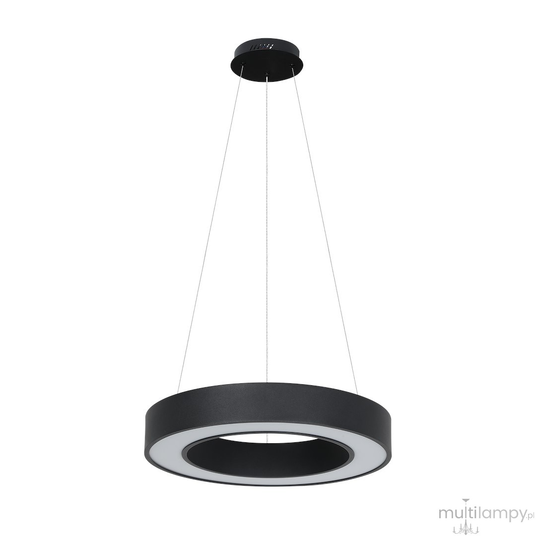 Lampa wisząca LED 40W CCT w kolorze czarnym, o okrągłym kształcie z białym pierścieniem. Zawieszona na cienkich linkach, z widocznym mocowaniem sufitowym. Prosty, nowoczesny design, idealna do wnętrz.